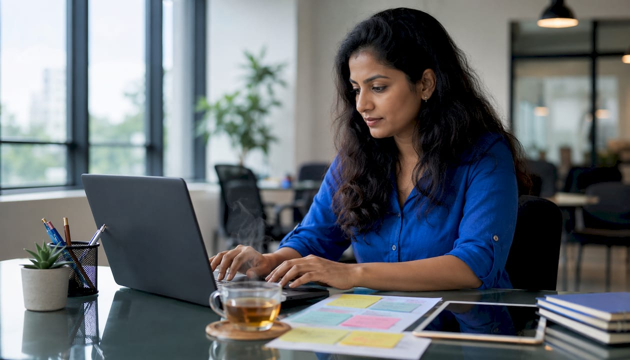 Freelancer working on SEO tasks at home desk