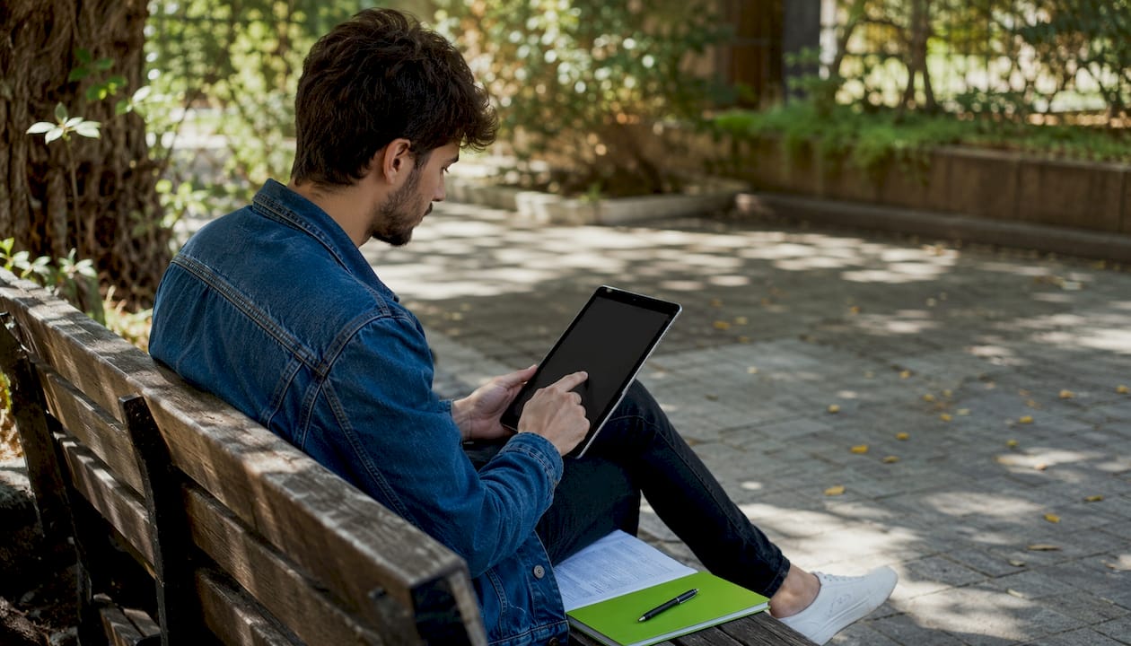 Hands browsing remote job posts on a tablet