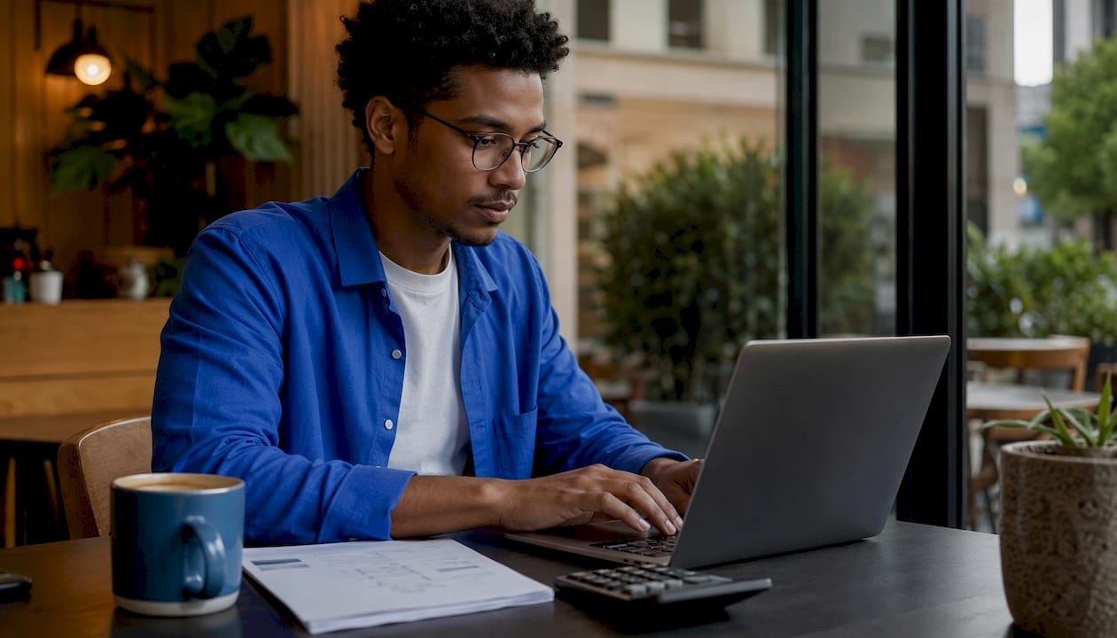 Hands typing on laptop with finance tools