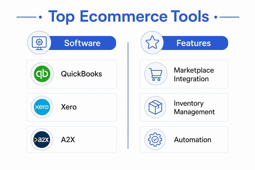 Infographic comparing ecommerce bookkeeping tools and features