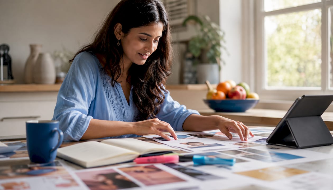 Woman assembling portfolio in home office