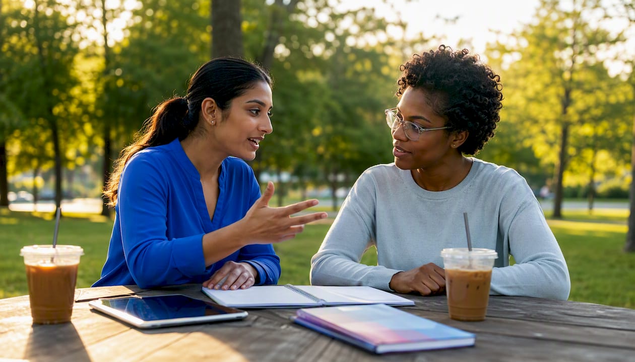 Two diverse women collaborating at café table