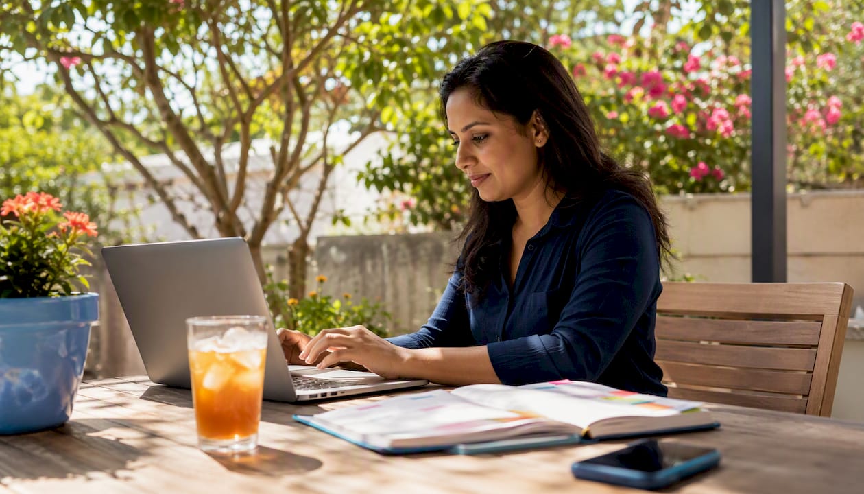 Man working remotely at home desk in morning light