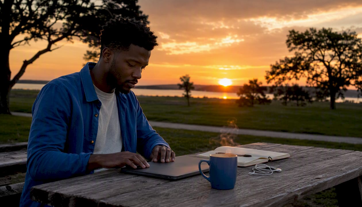 Overhead view of outdoor remote workspace at café