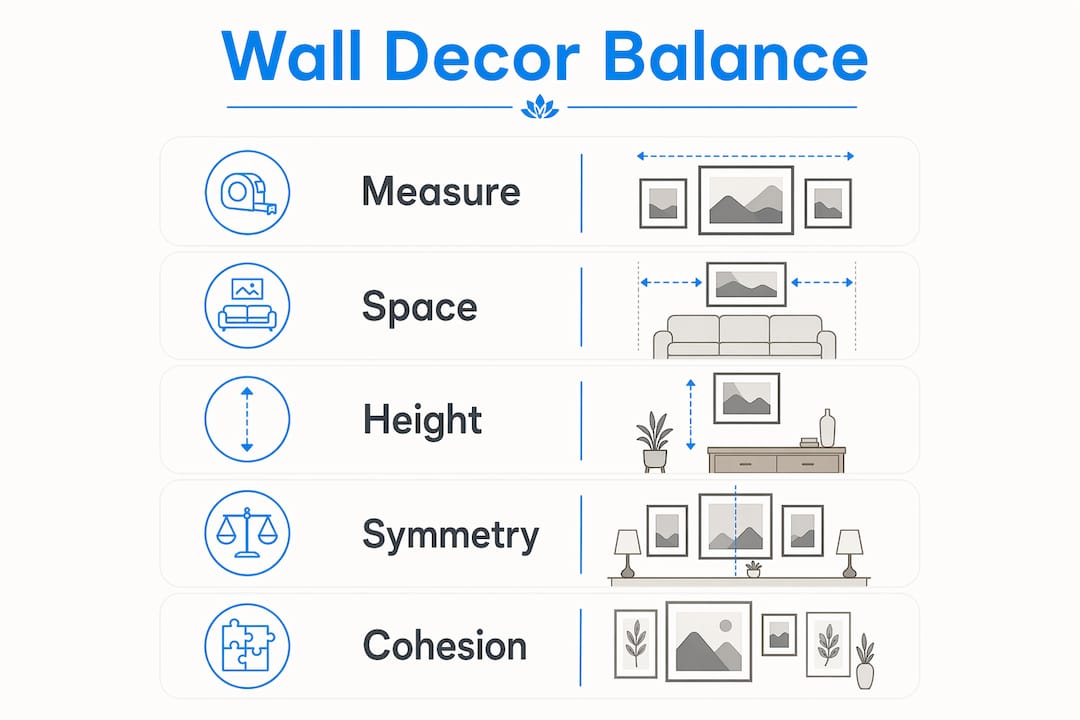 Infographic showing wall decor balancing steps