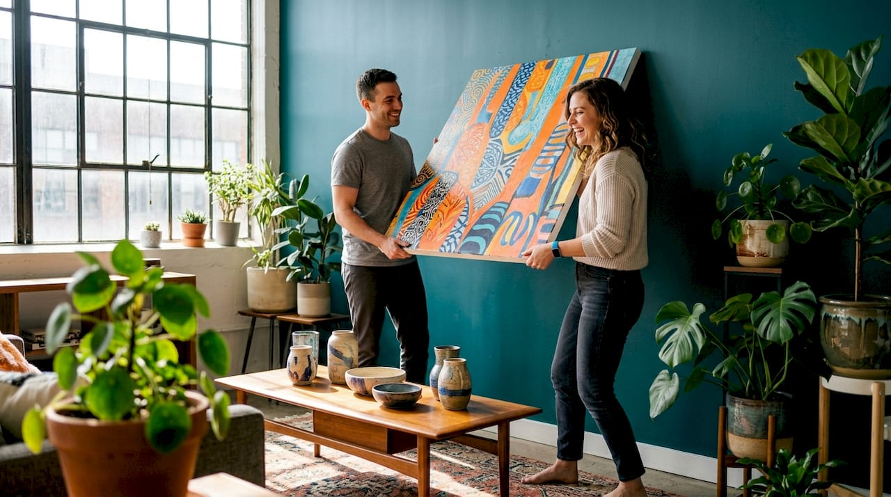 Couple hanging oversized art above sofa