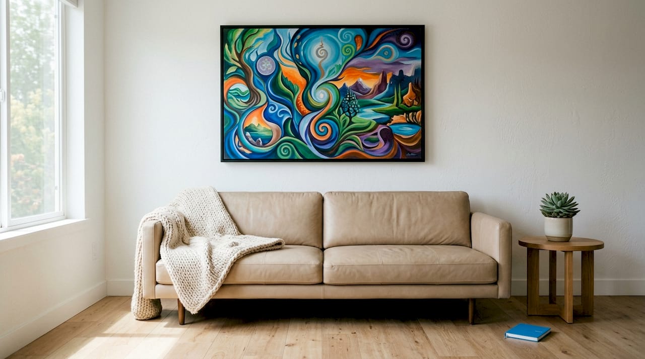 Overhead view of art sized for sofa width