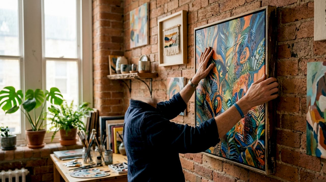 Hands adjusting layered canvas art in gallery