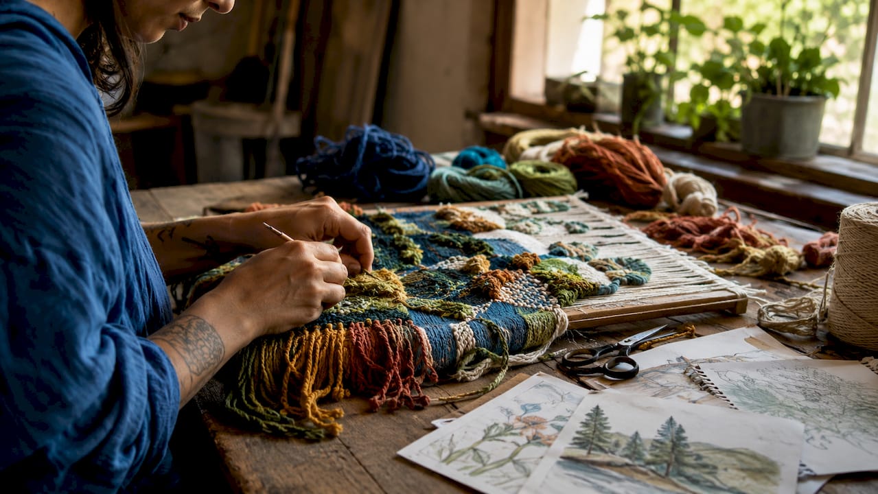 Close-up of hands weaving colorful textile art