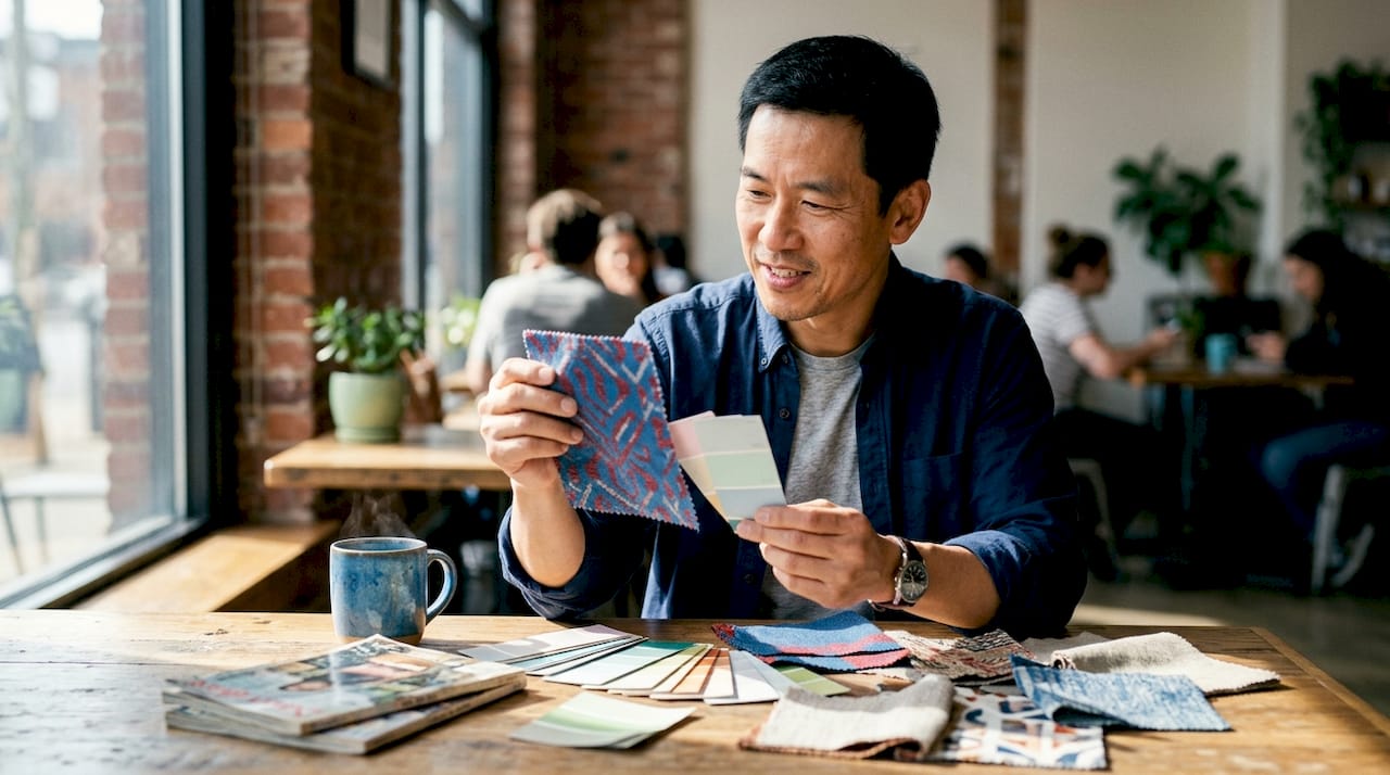 Man comparing color samples for art display
