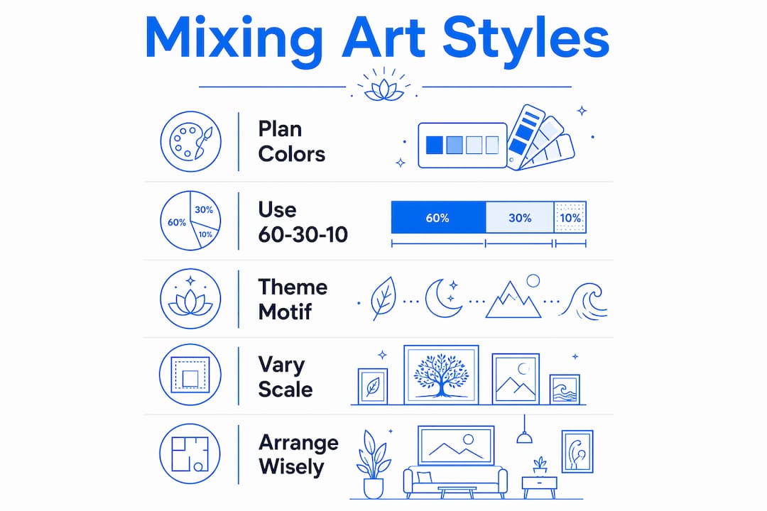 Infographic with steps for mixing art styles in decor