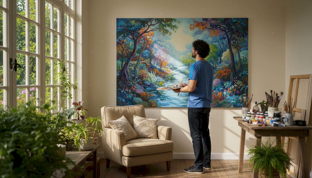Large vibrant painting above sofa in loft