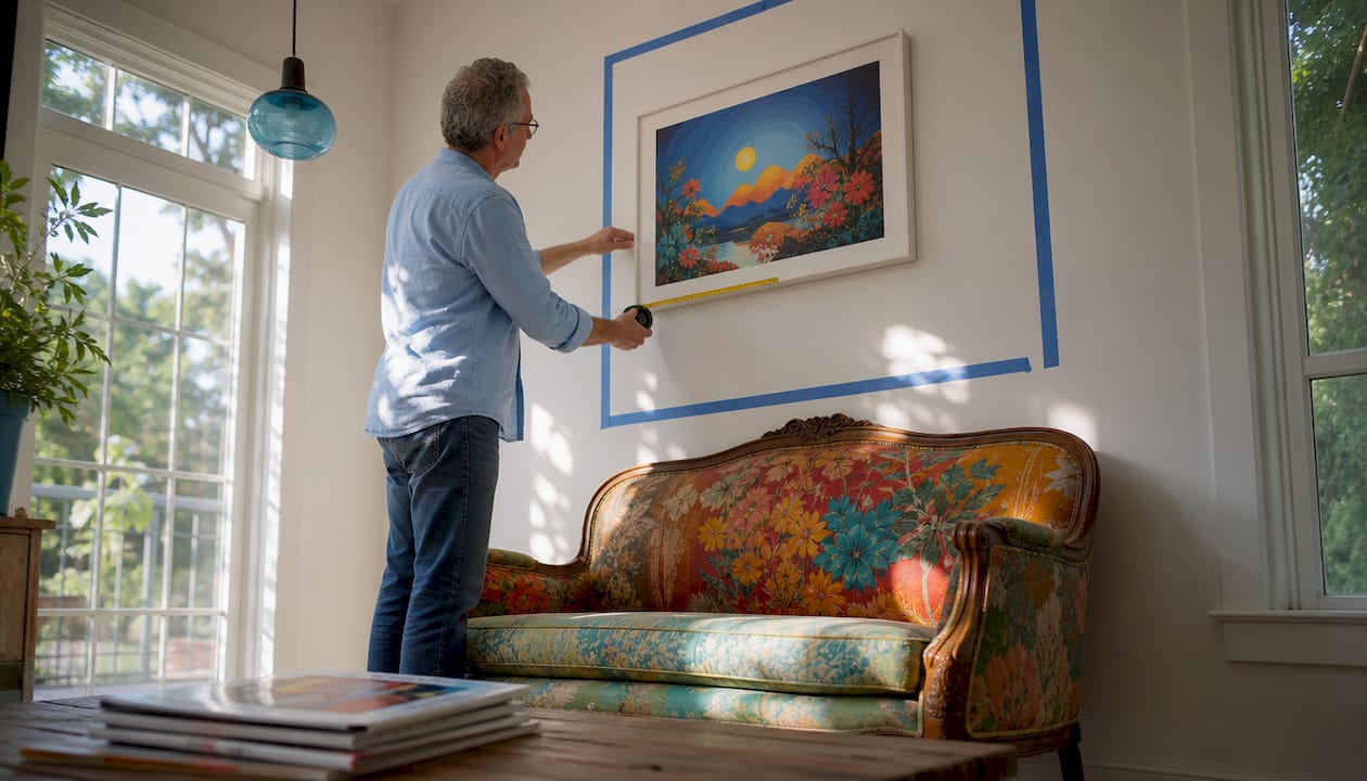 Man measuring wall art placement above sofa