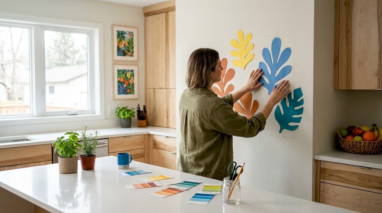 Hands placing paper art mockup on wall