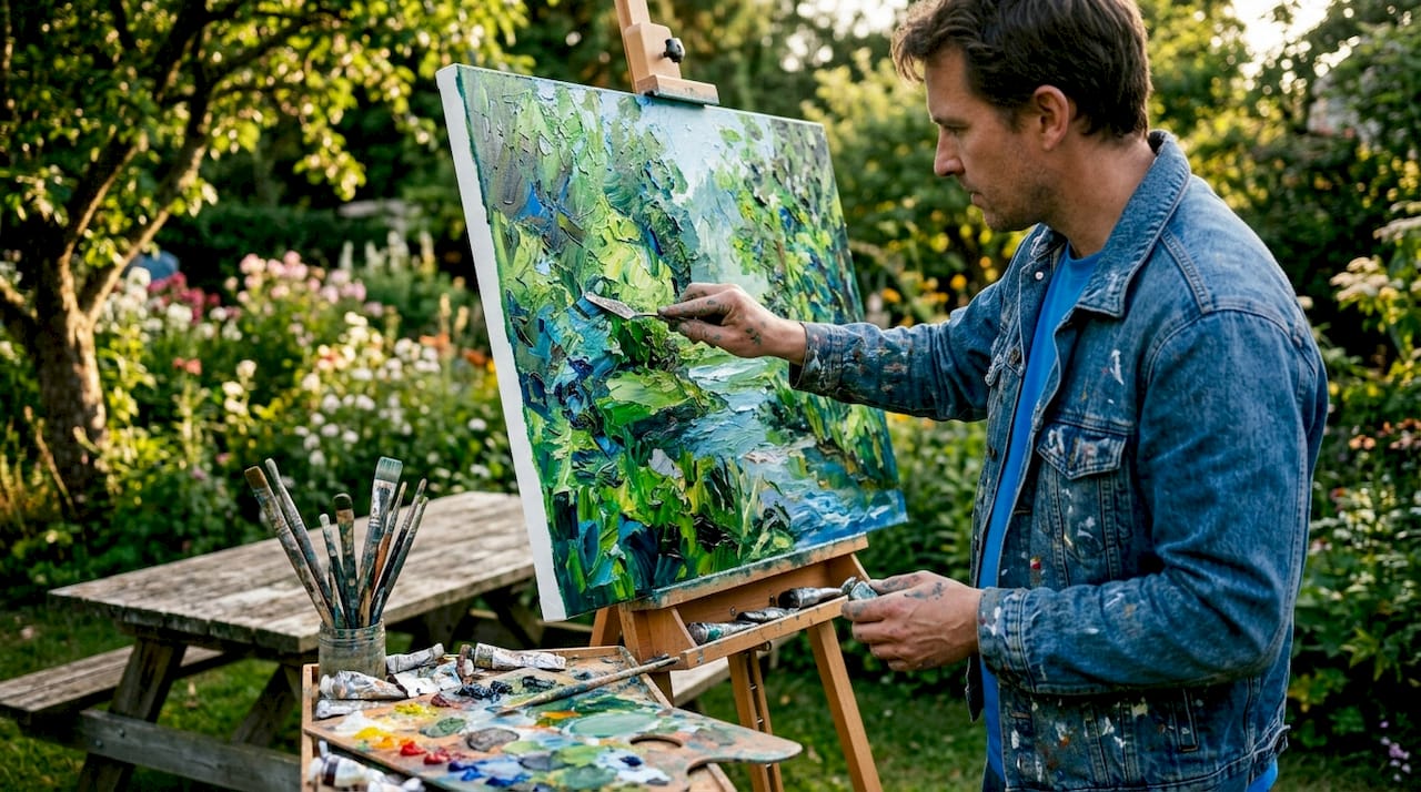 Artist hands painting textured canvas close-up