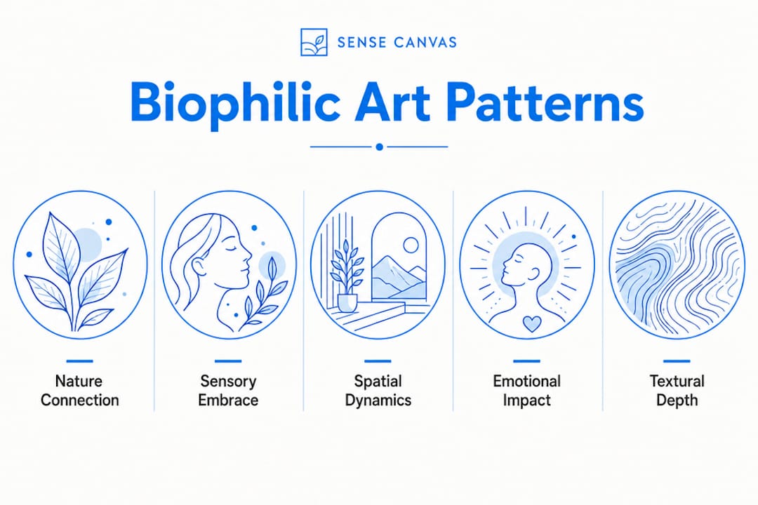 Infographic showing core biophilic art design patterns