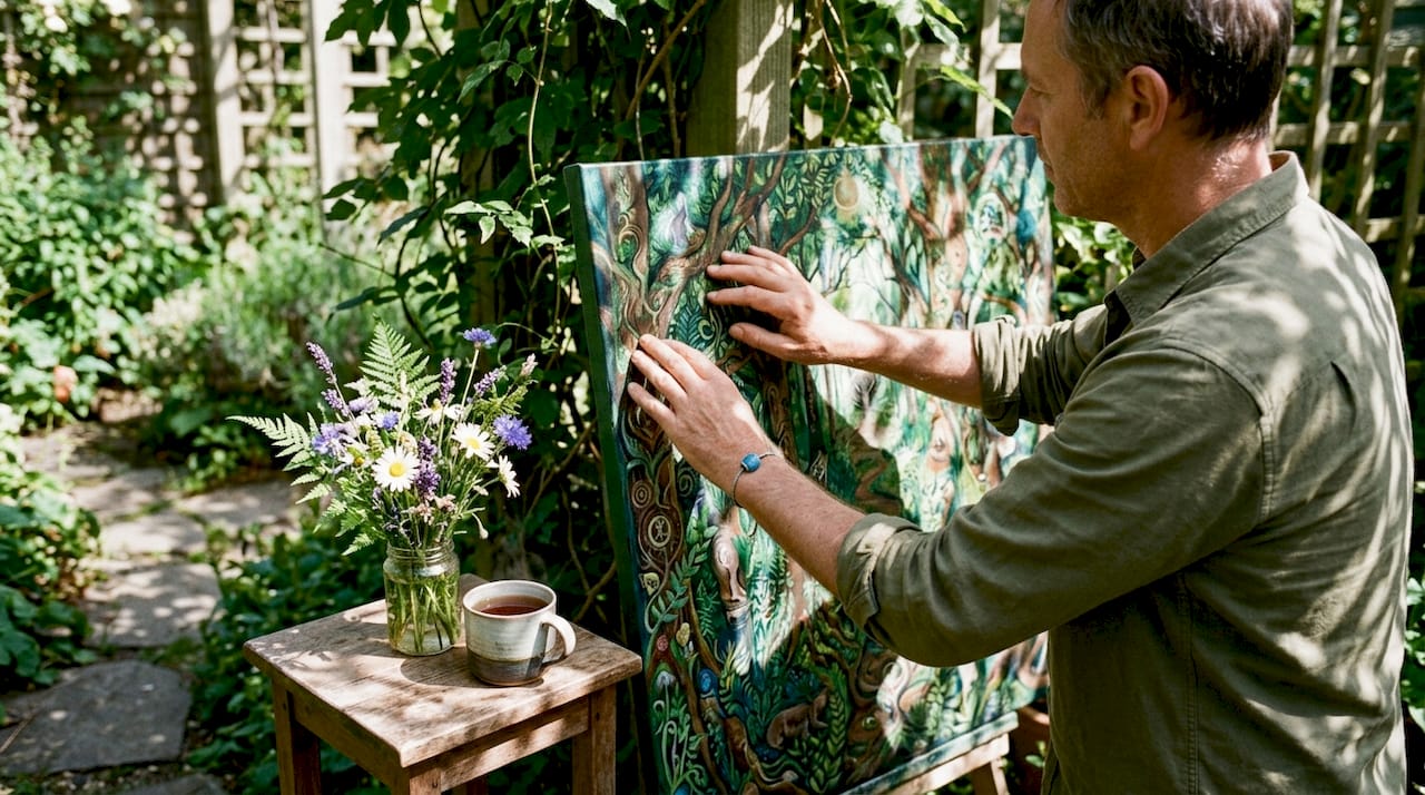 Hands touching textured nature art canvas