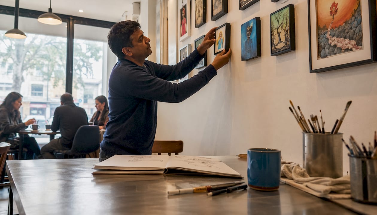 Small grouped artworks anchoring home office wall
