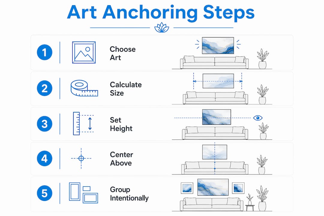 Infographic outlining steps to anchor furniture with art