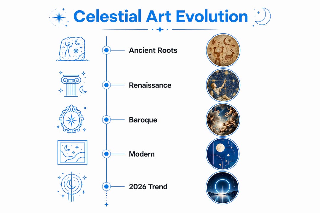 Infographic showing timeline of celestial art evolution