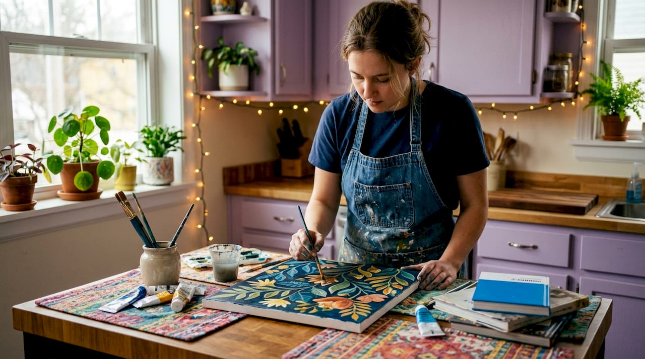 Young artist painting botanical canvas in kitchen