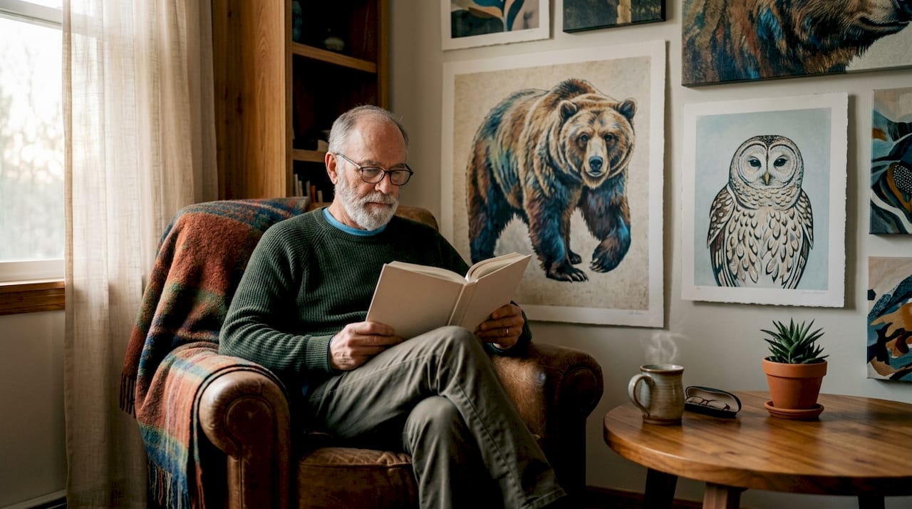 Elderly man reading near wildlife canvas art