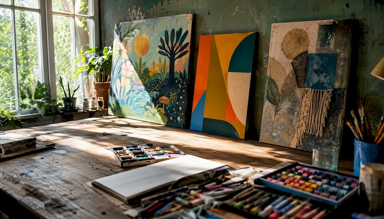 Close-up of diverse art styles unified by color palette