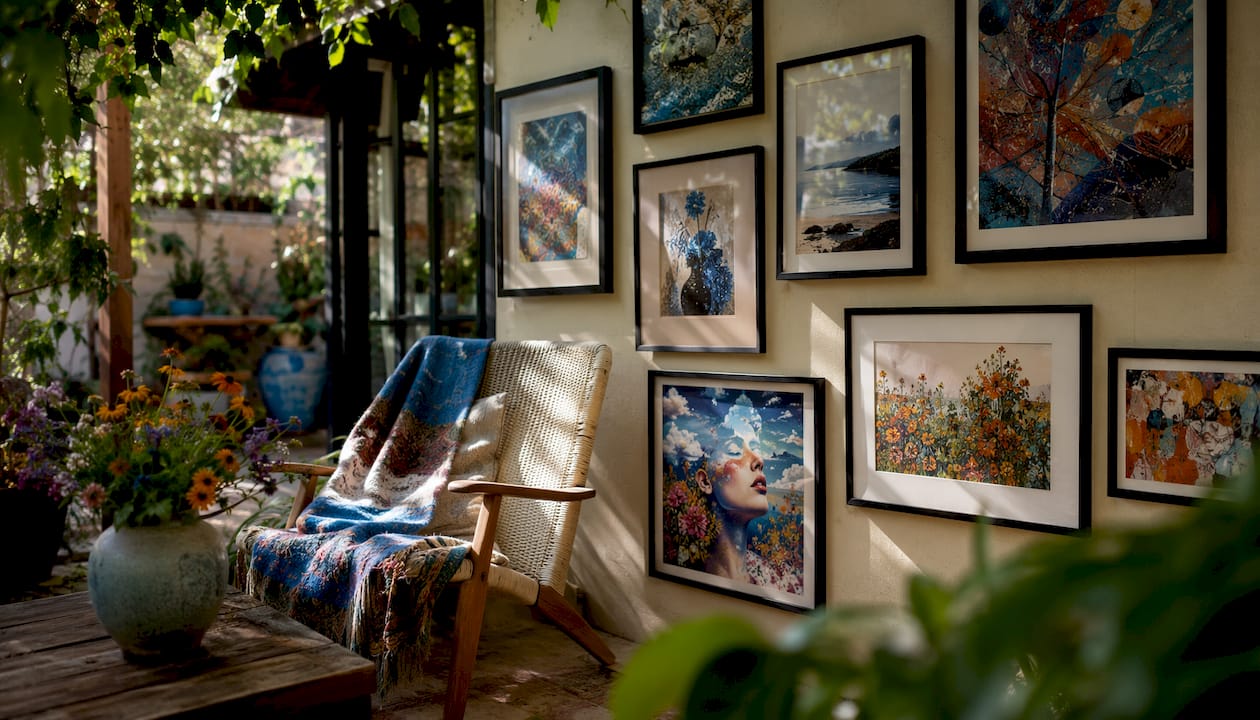 Gallery wall with mixed art styles and consistent framing