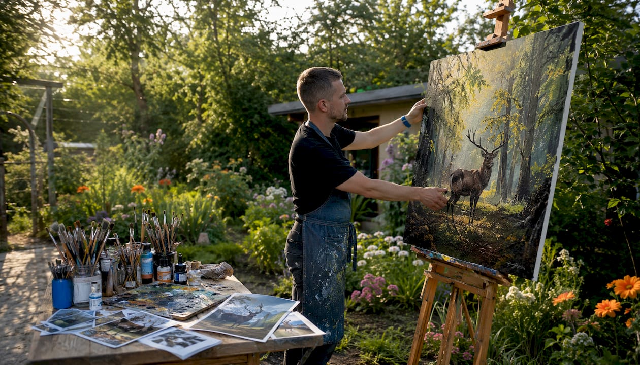 Artist adjusting wildlife canvas painting in studio