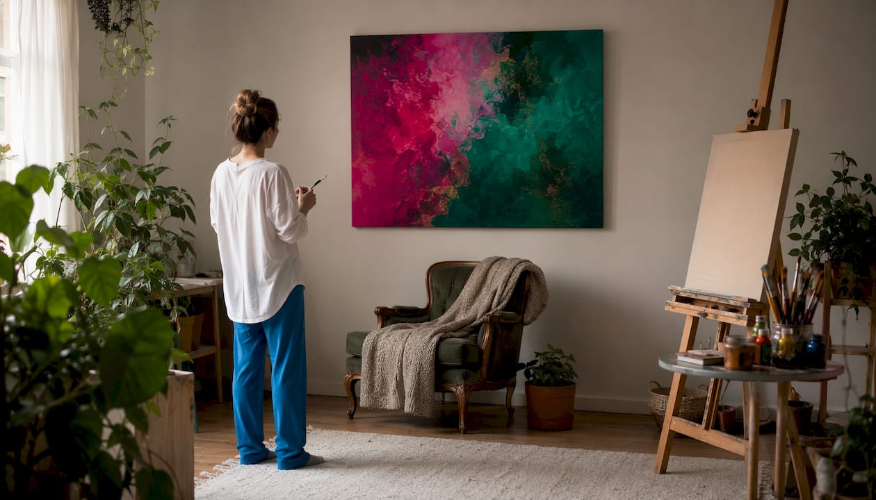 Man placing large canvas in neutral open room
