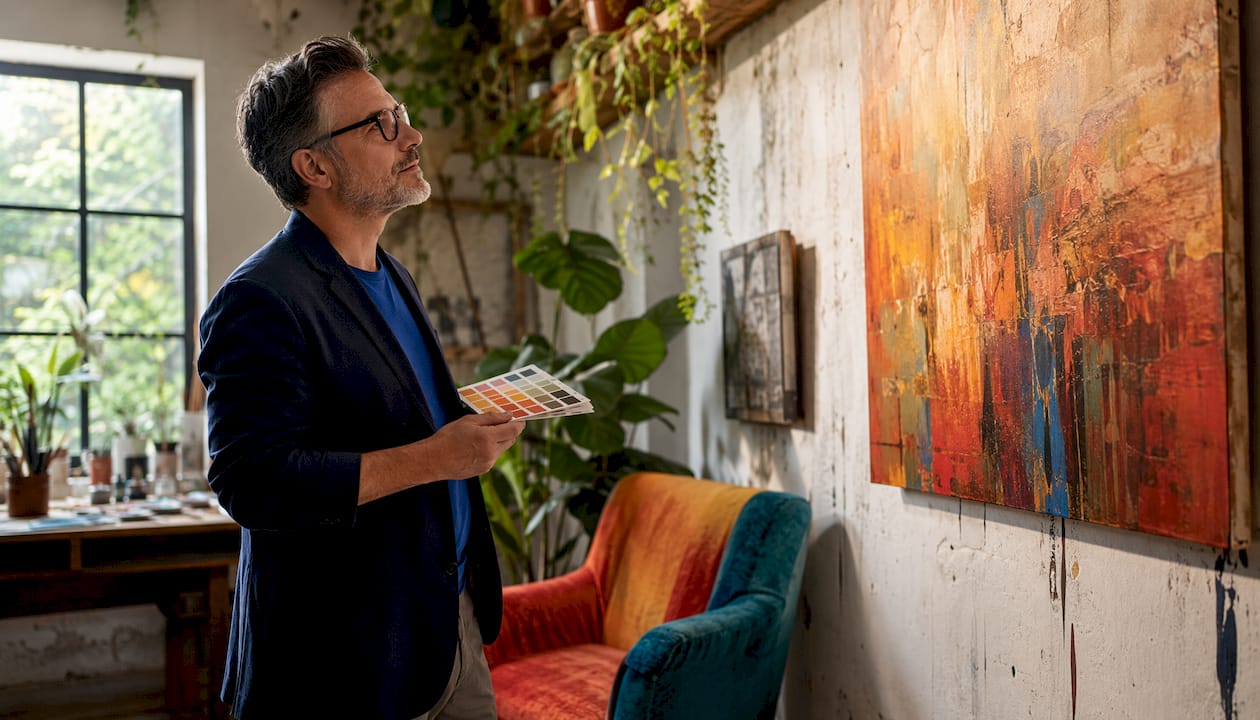 Curator comparing color swatches to painting