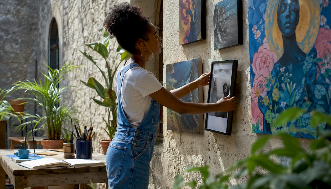 Artist arranging mixed media gallery wall in studio