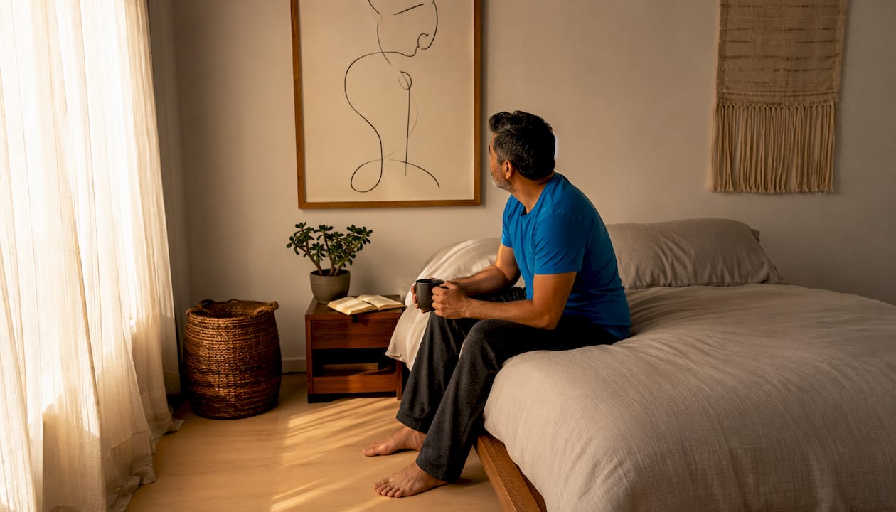 Minimalist bedroom with line art and man