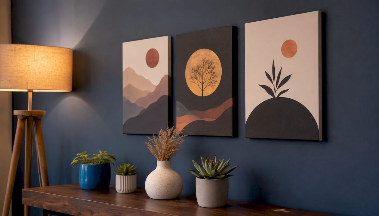 Cluster of minimalist canvases evenly spaced on hallway wall