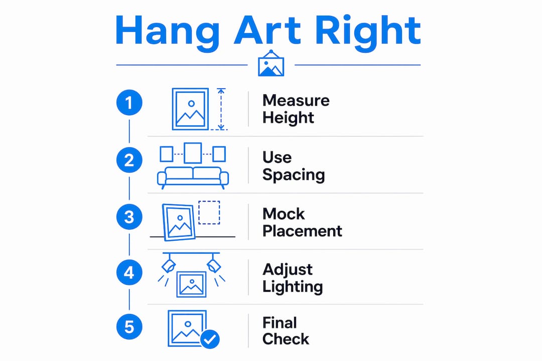 Infographic showing steps to hang minimalist wall art properly