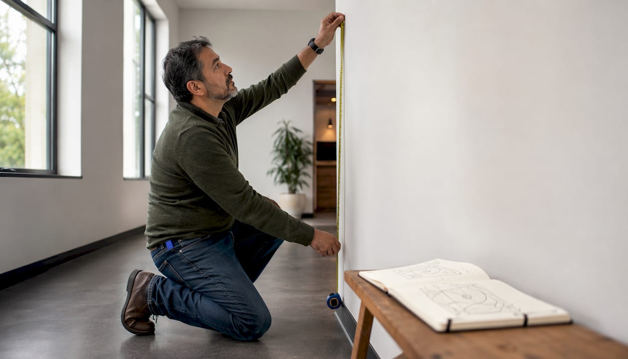 Office manager measuring reception wall space