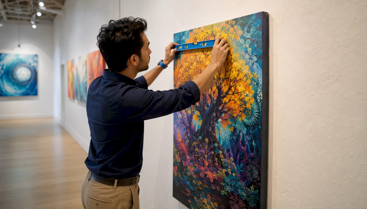 Technician adjusting lighting and mounting canvas