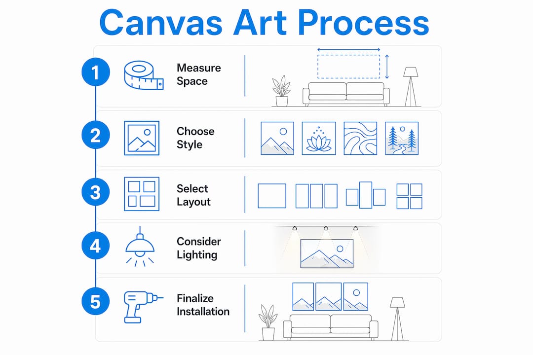 Infographic showing steps for selecting and installing canvas art