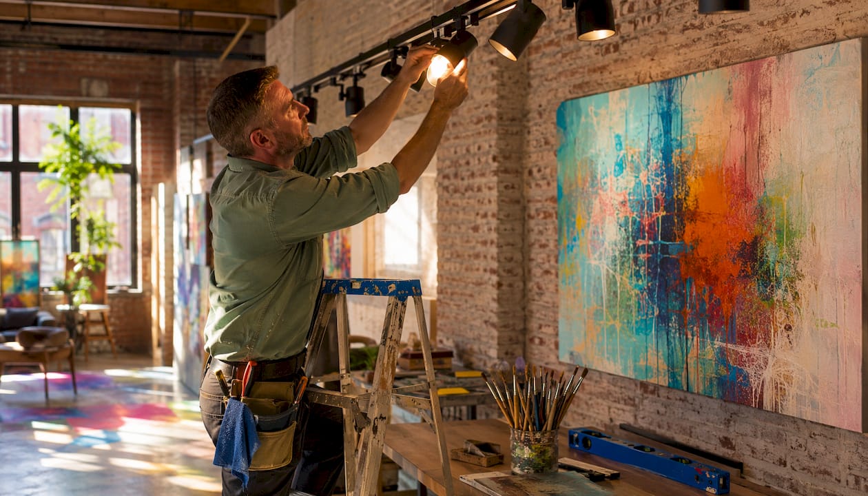 Facilities manager installing lighting for office artwork