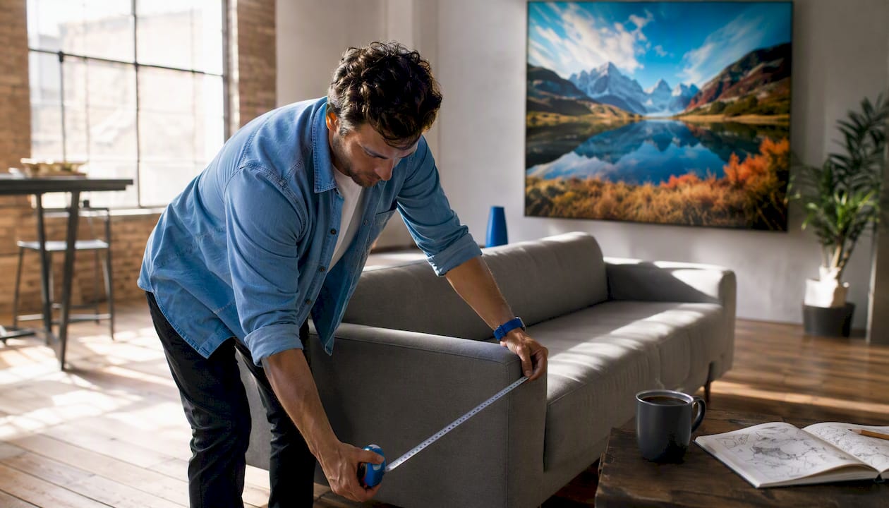 Hands measuring sofa width for canvas placement