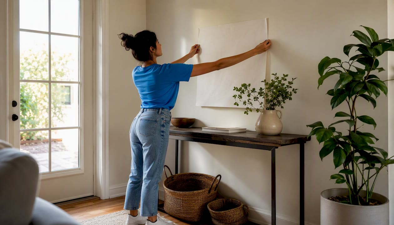 Woman using paper template for canvas size on wall