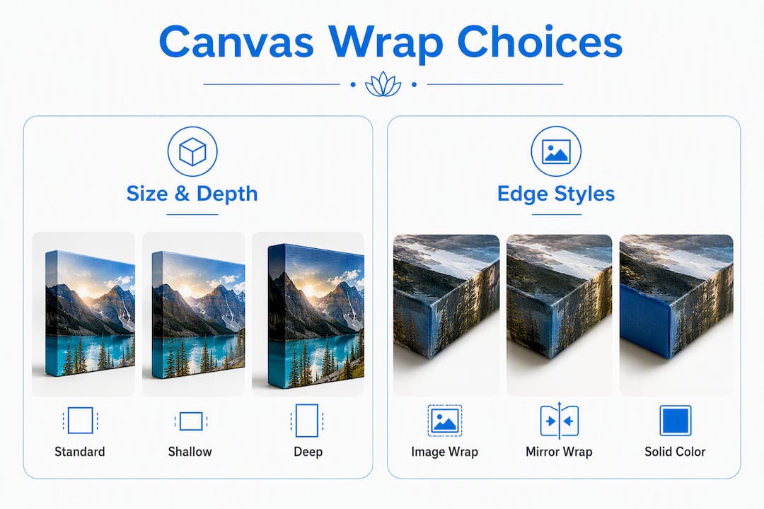 Infographic showing canvas wrap size and edge style options