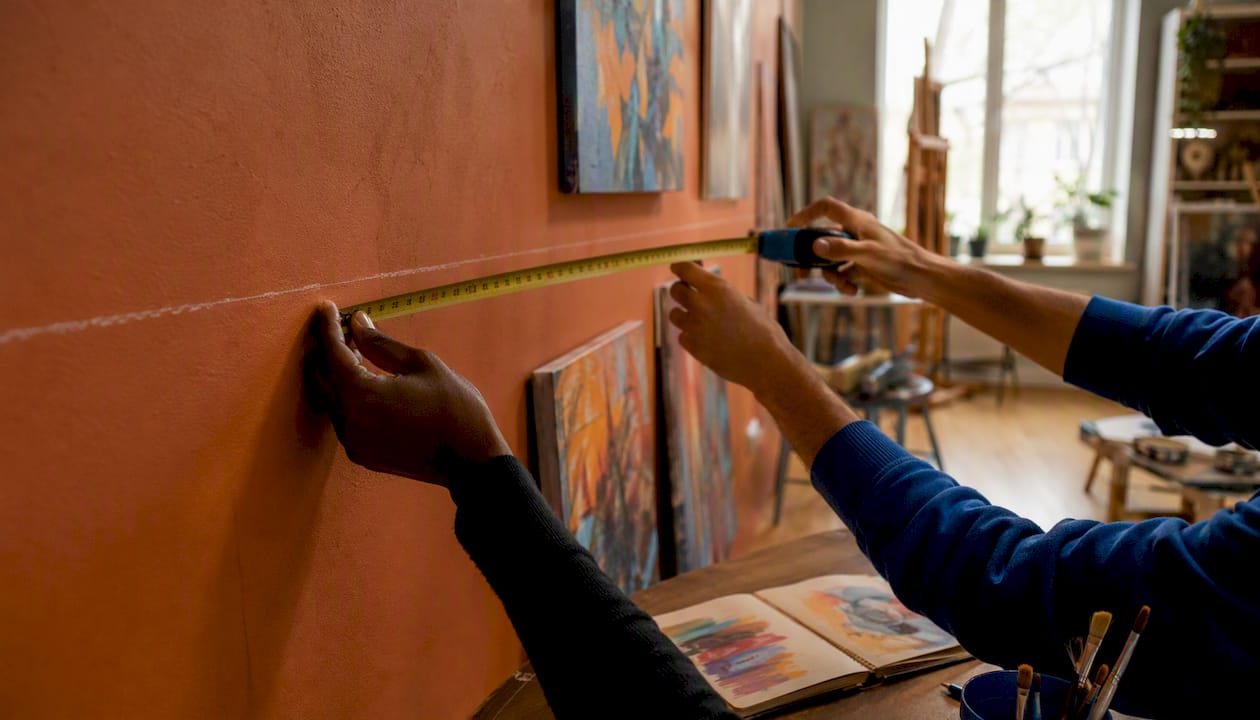 Hands measuring living room wall for artwork