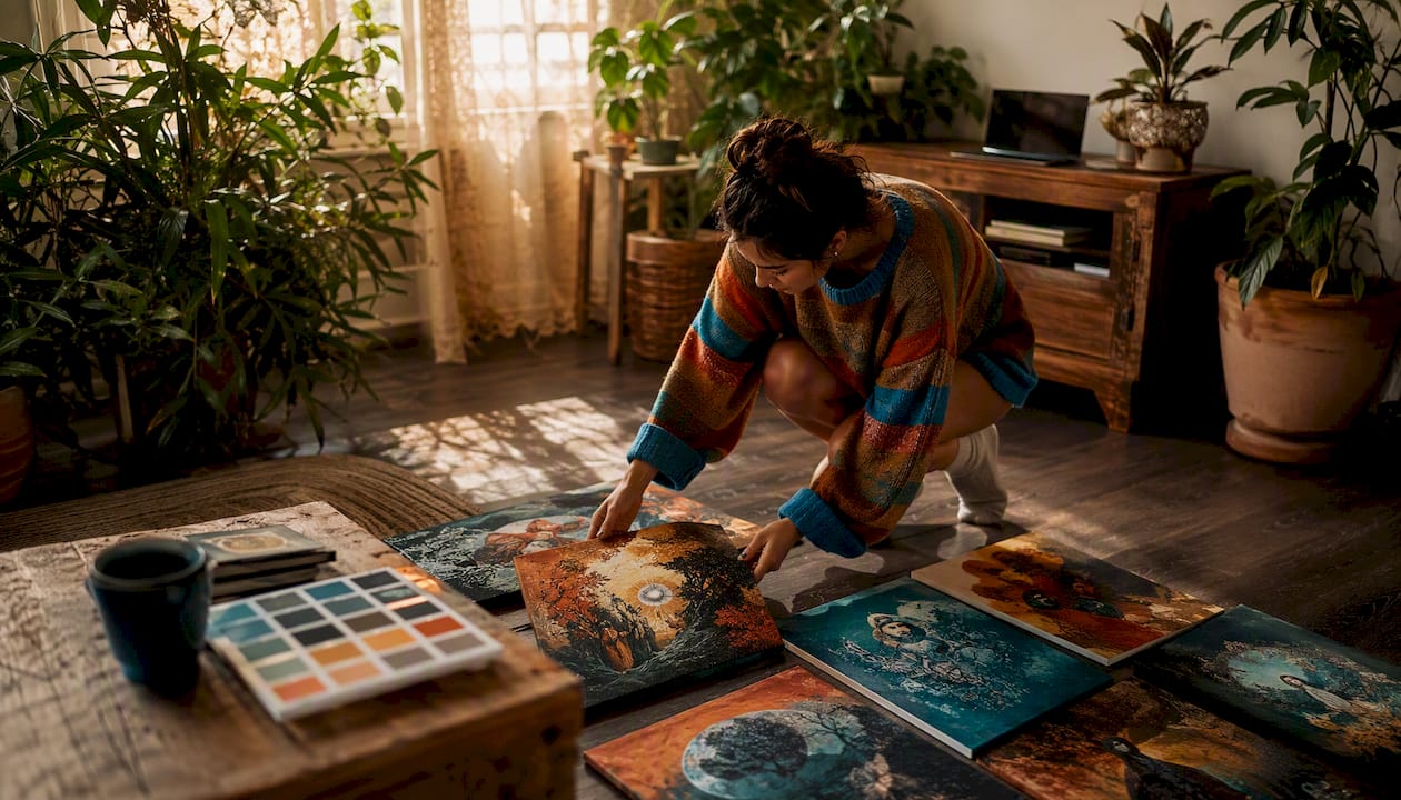 Overhead view of person matching art colors to decor