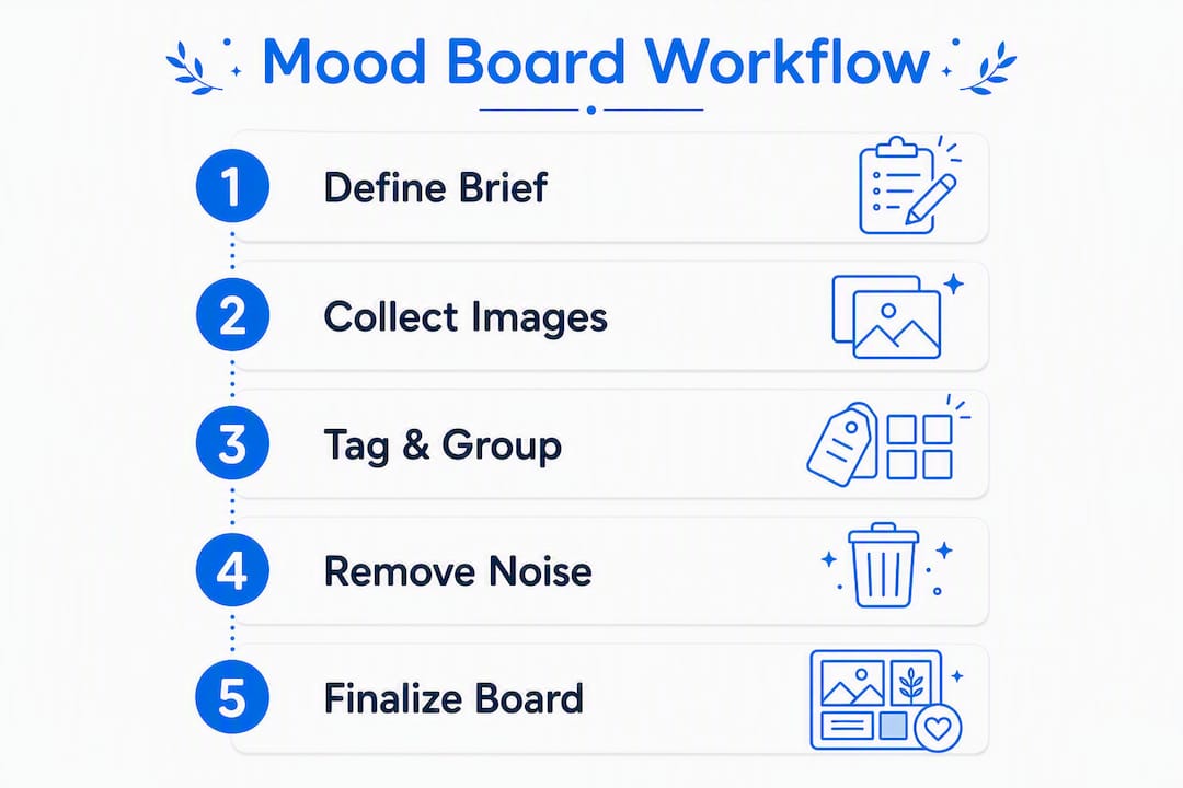 Infographic illustrating 5-step mood board workflow
