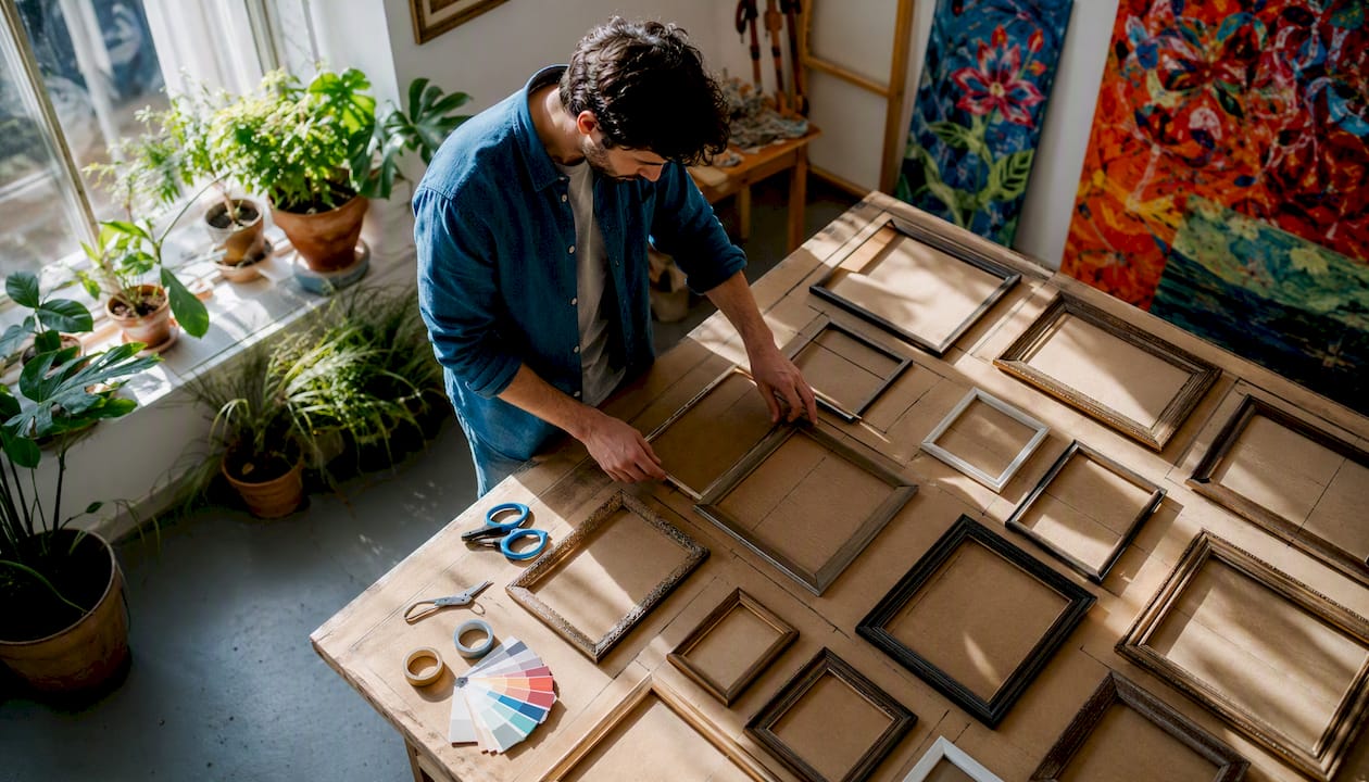 Man arranging frames for gallery wall layout