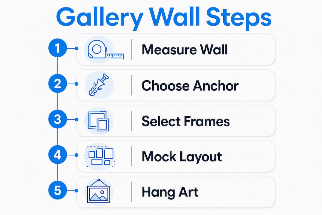 Infographic depicting five steps to create gallery walls