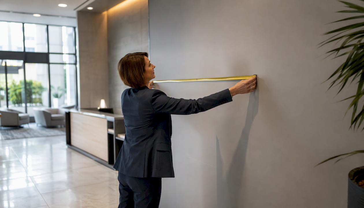 Hands measuring reception wall for art