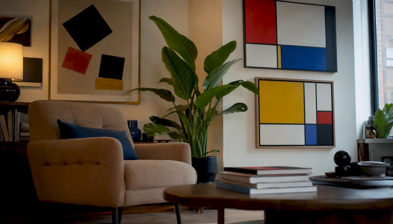 Gallery wall with suprematism and De Stijl geometric art