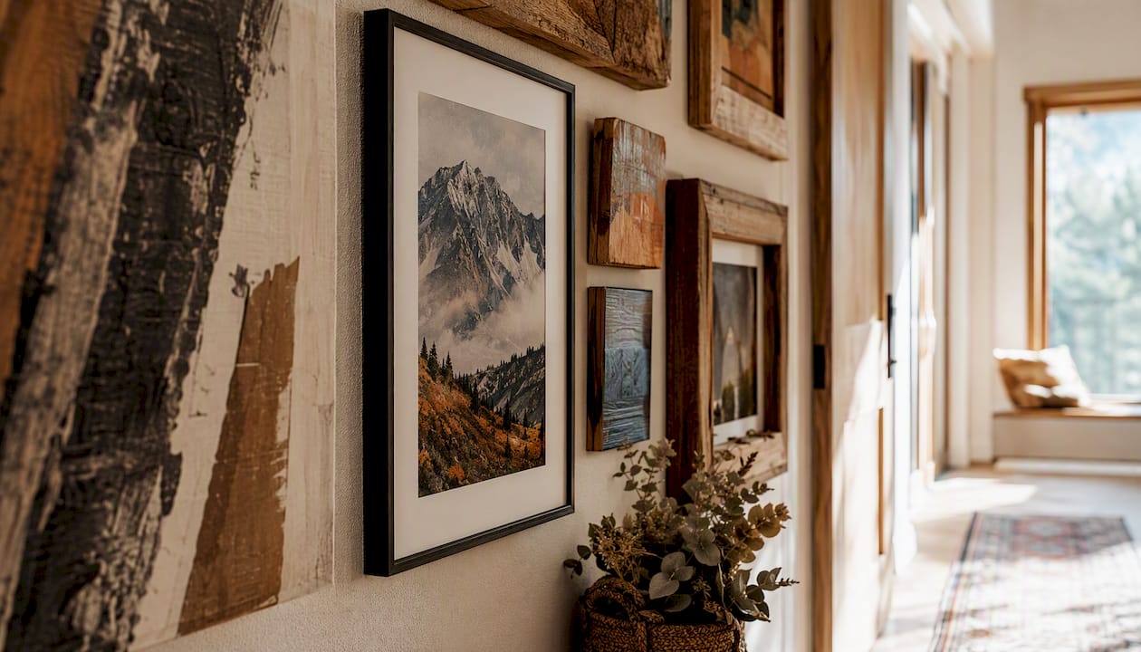 Modern farmhouse wall with mixed material framed art
